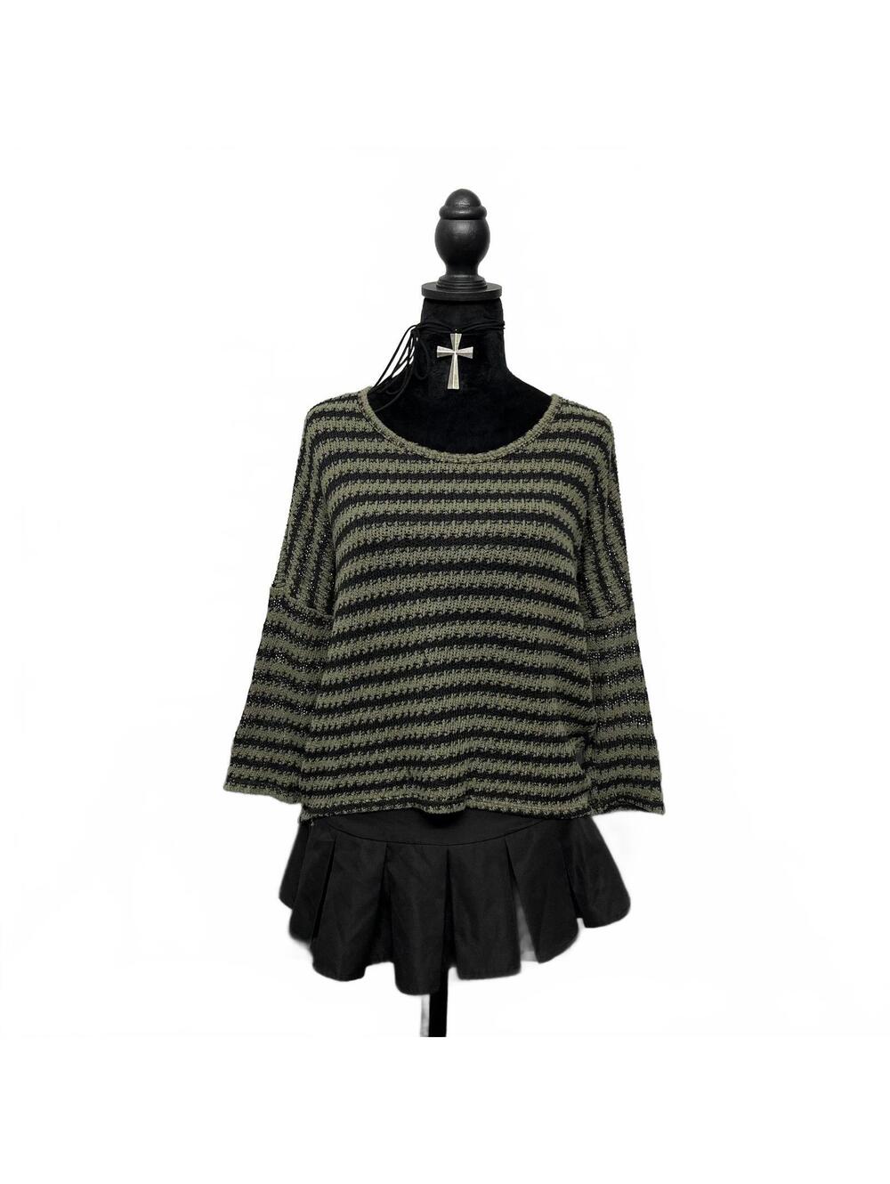 Vintage Eclipse S Olive Green Black Knit Btawing Sweater 3/4 Sleeves Grunge Goth